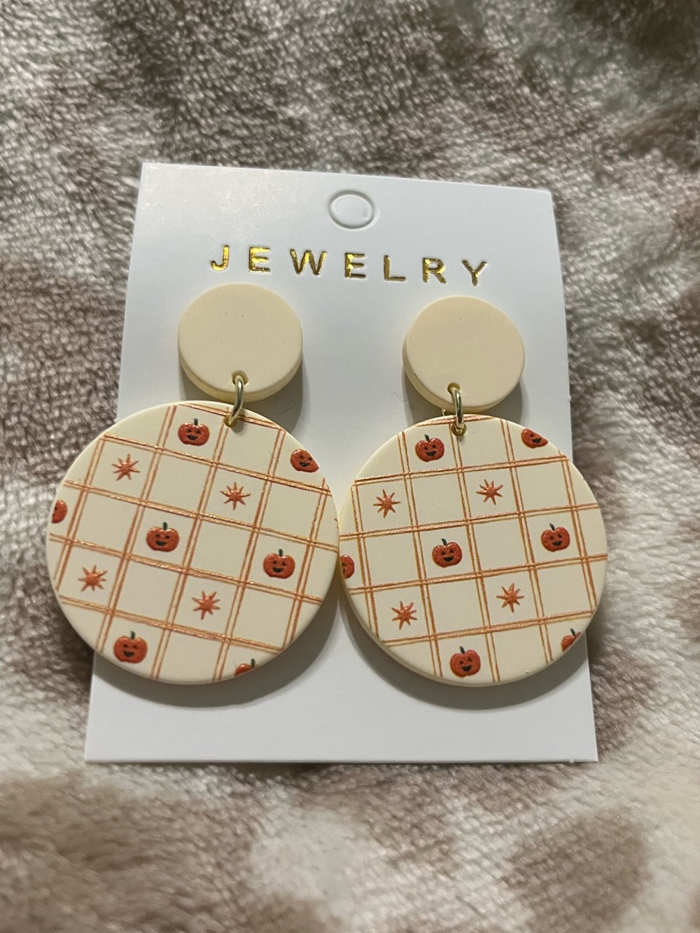 Gold and Cream Pumpkin Plaid Round Drop Earrings - Women Jewelry